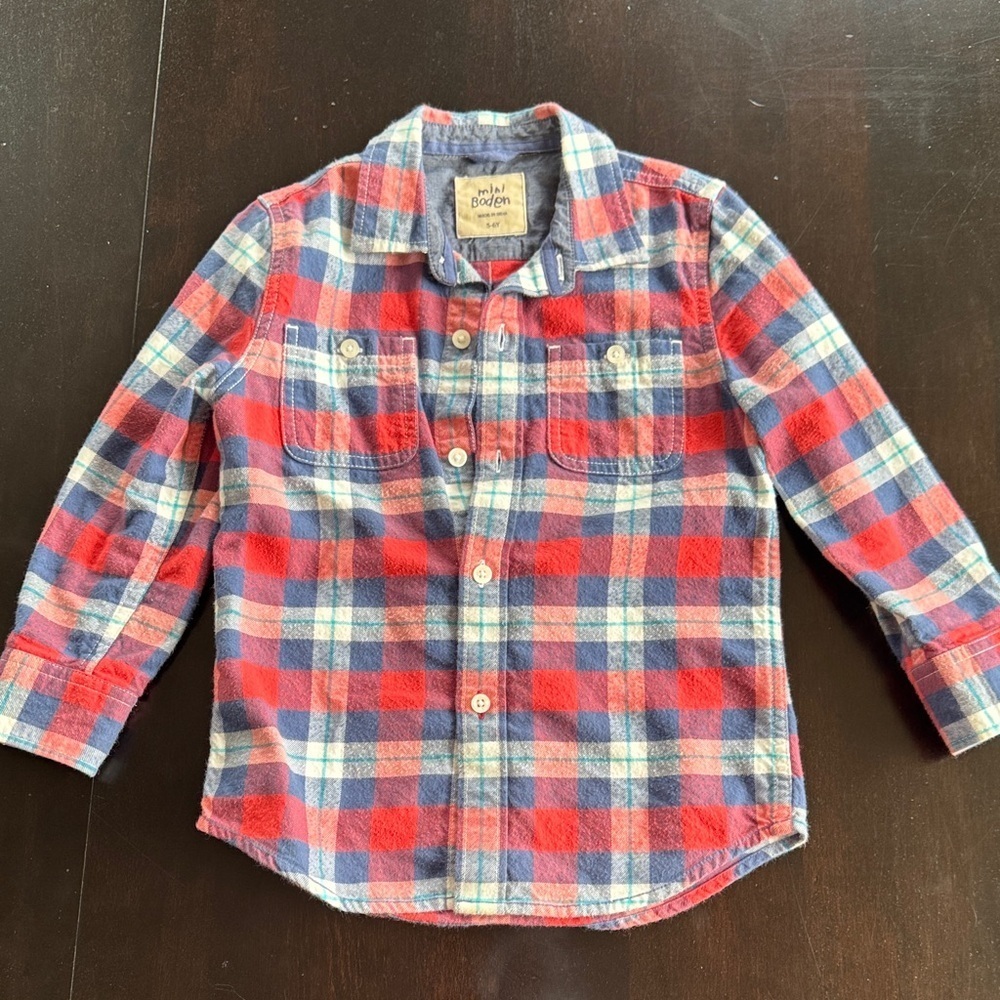 Boden Kids Checkered Button Down Shirt - Red and Blue